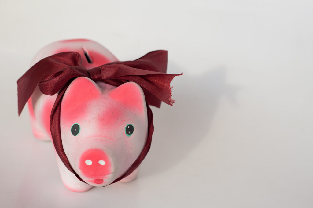 Close-Up Of A Pink And White Piggy Bank With A Lace In The Head, Isolated On White Background.