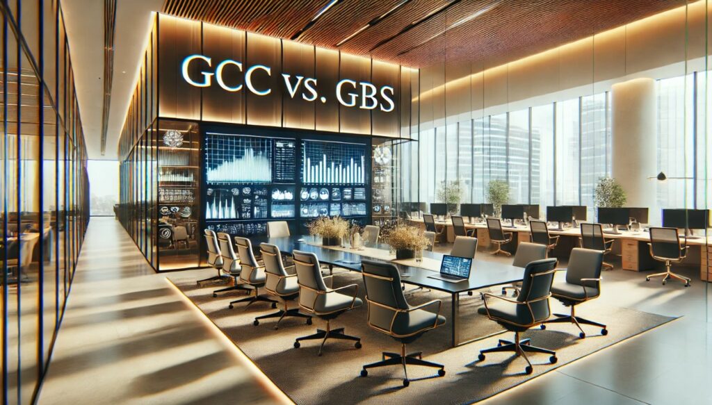 Conference room with GCC vs GBS on wall