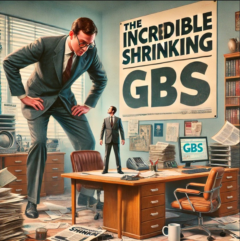 Large man hovers over small desk with poster reading "The Incredible Shrinking GBS"